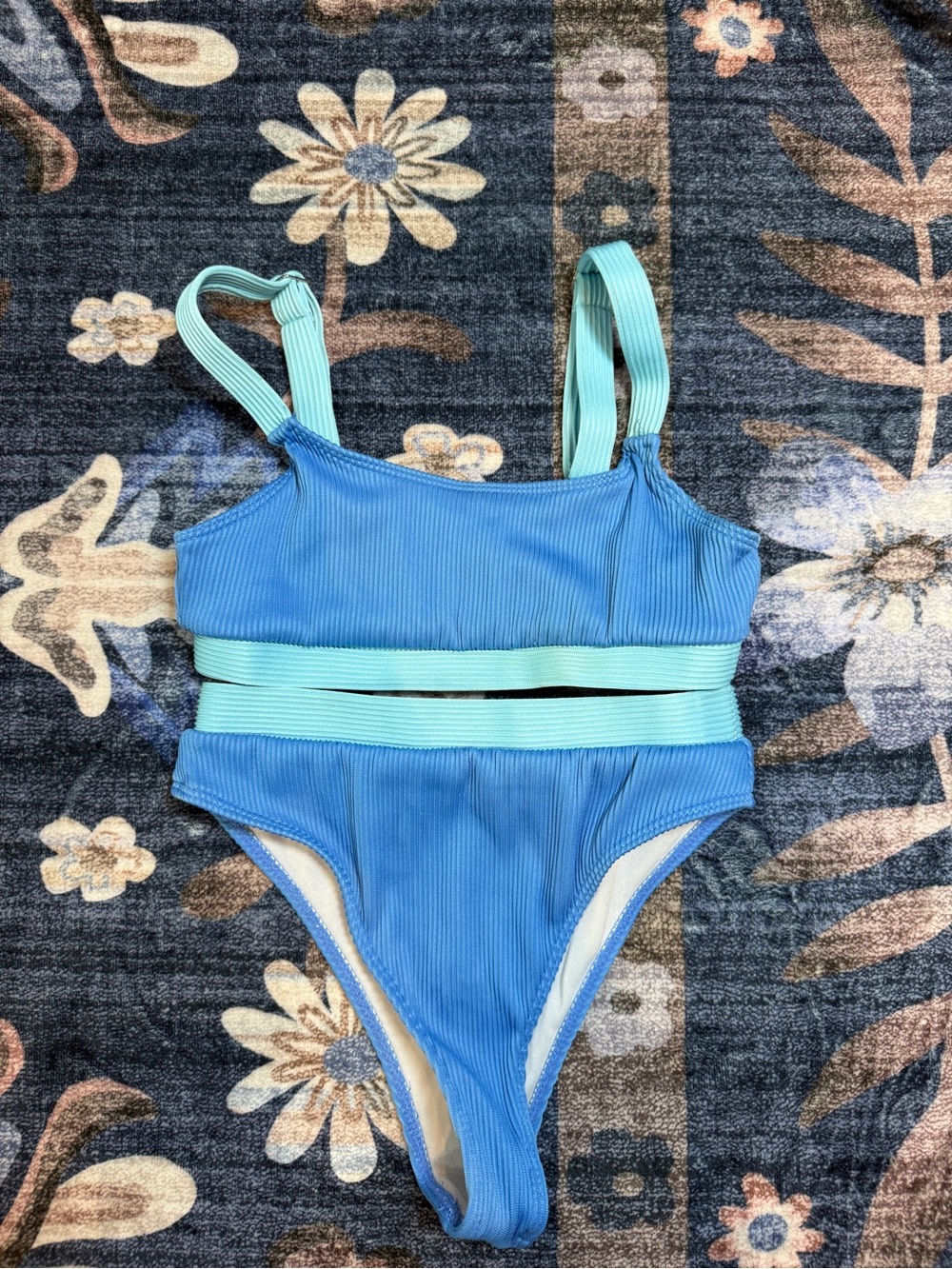 SHEIN Two-Tone Blue & Aqua Ribbed Cutout Bikini Set